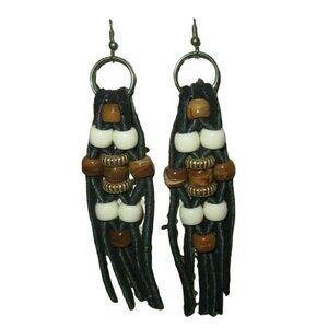 Handmade Handcrafted Ethnic BOHO Black Leather Suede Festival 4" Beaded Earrings